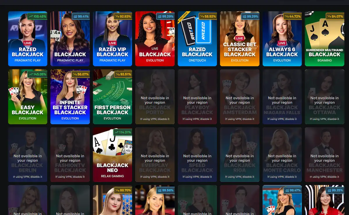 Razed Casino Blackjack – Live-Tische von Evolution und Pragmatic Live