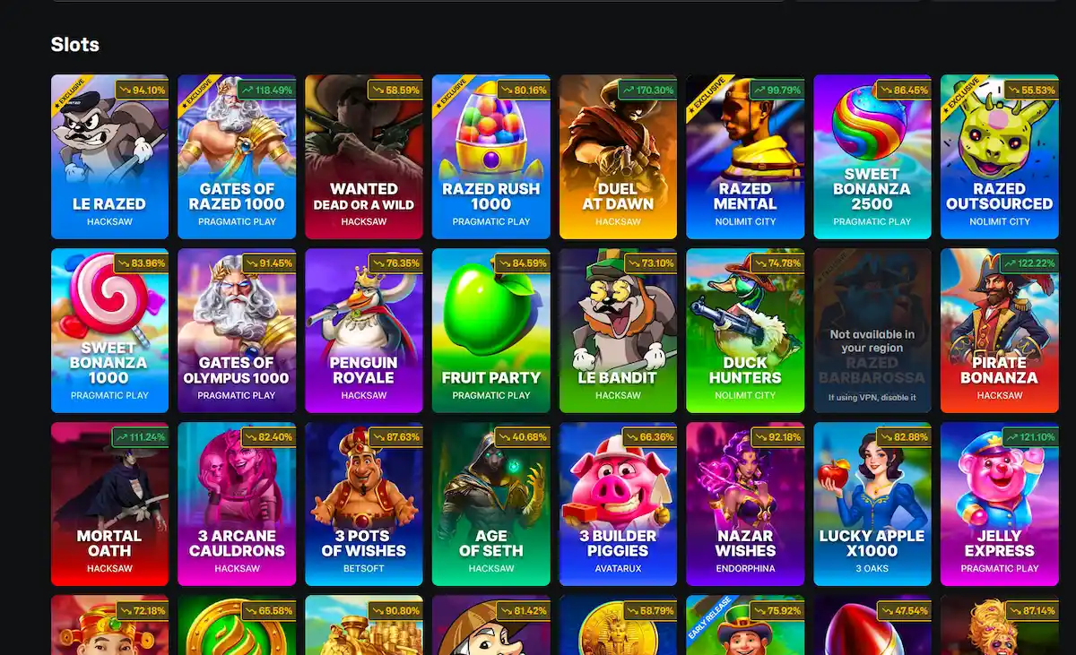 Razed Casino Slots mit RTP-Anzeige – Spielbibliothek mit über 4.000 Titeln